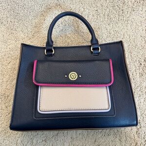 Anne Klein Navy and Beige Satchel with Pink Trim